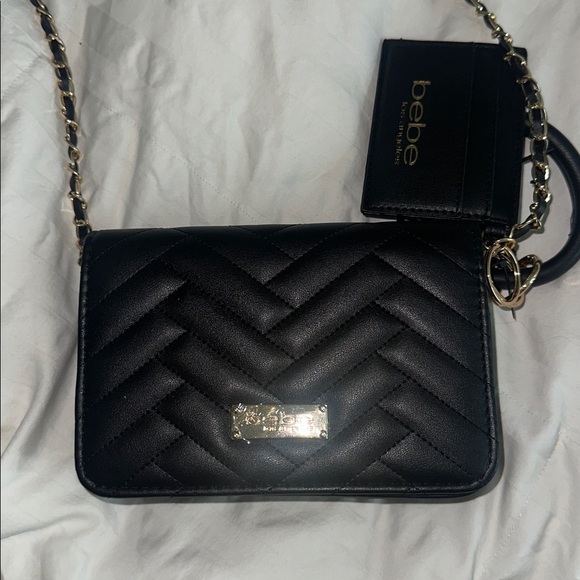 BRAND NEW WITH TAGS: Black Leather Chevron Crossbody Bag with Gold Accents - Picture 1 of 9